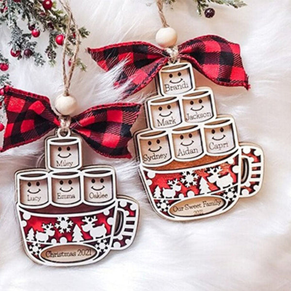 Personalized Tree Ornament, Family Names or 1st Married Christmas. Marshmallows in mug of Cocoa