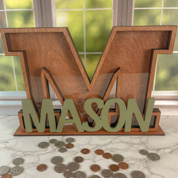 Personalized Letter Coin Bank, Wooden Initial Piggy Bank for Boys or Girls