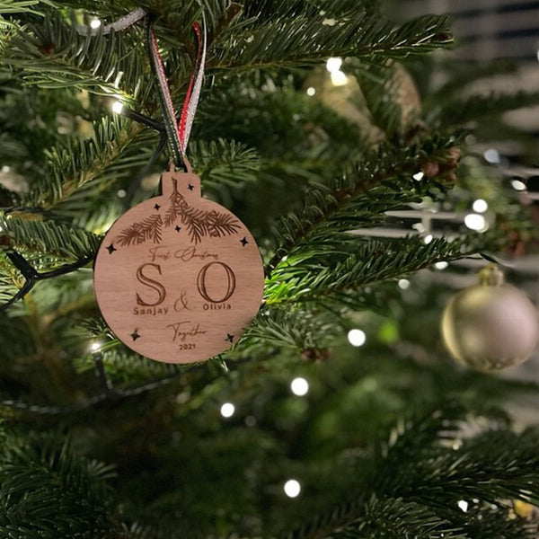 Christmas 2023. Wood Personalised Christmas Ornament ,Wood Newlywed Ornament