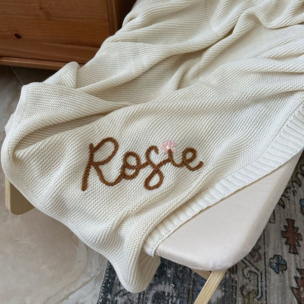 Personalized Hand Embroidered Knit Baby Blanket