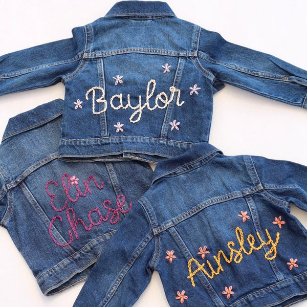 Custom Hand Embroidered ， Hand Lettered Denim Jacket Toddler, Kid Sizes