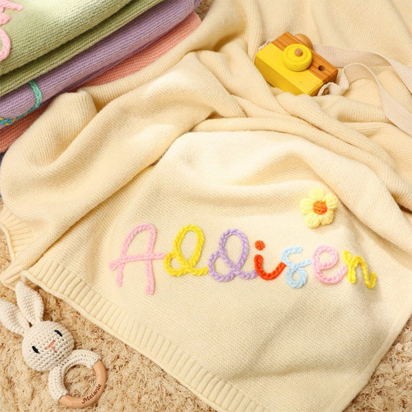 Personalized Hand Embroidered Knit Baby Blanket