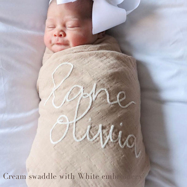 Personalized Hand Lettered Embroidered Baby Swaddle Receiving Blanket