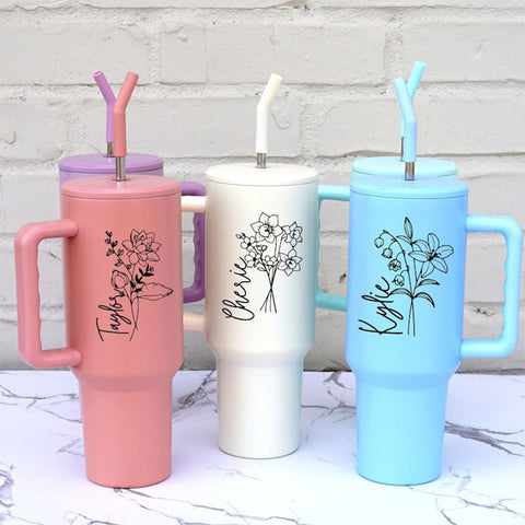 Personalized Birth Flower Custom 40oz Tumbler with Handle & Straw, Personalized Travel Cup