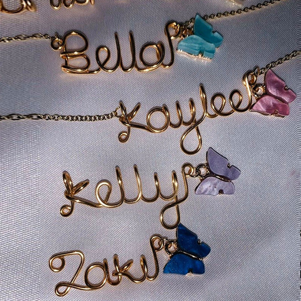 Gold Name Necklace, Lockdown Birthday Gift, Personalised Necklace, Butterfly Name Necklace, Personalised Name Necklace, Wire name necklace