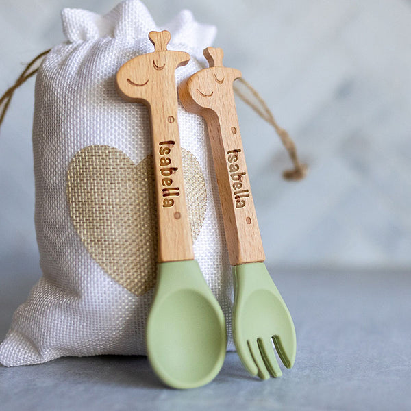 Personalized Spoon and Fork Set | Sweet Baby Giraffe | Laser Engraved | Baby Safe Silicone Weaning & Training Utensils | Baby Keepsake Gift