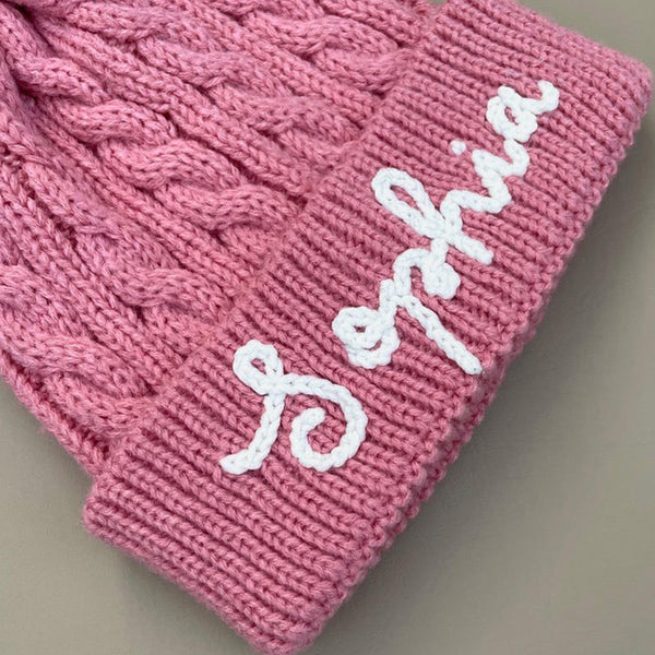 Cute Kids Personalized Name Embroidered Winter Hat with Pom Pom