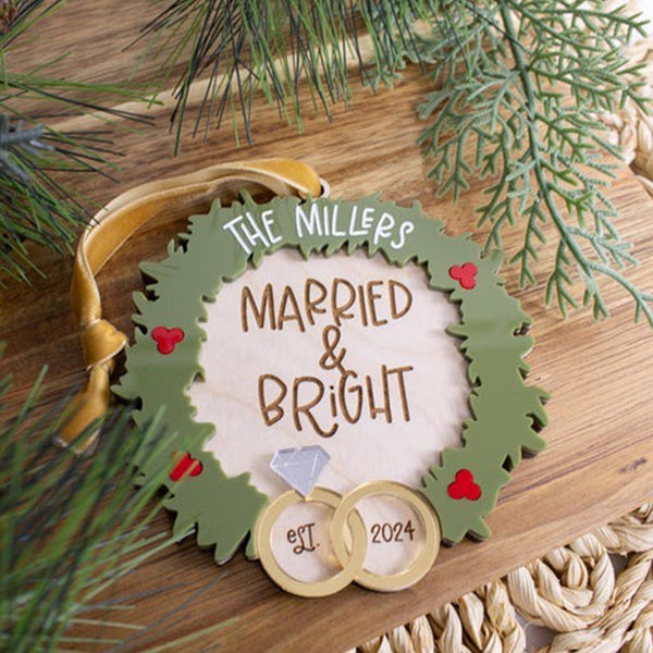 Newlywed First Christmas Ornament, Married and Bright Ornament