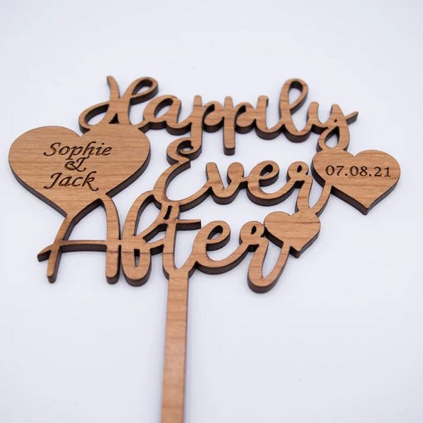 Wooden Wedding Cake Topper, Personalised Happily Ever After Wedding Cake Topper