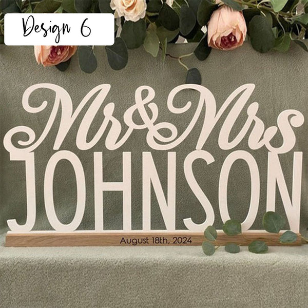 Tabletop Sign Personalized Custom Name Calligraphy Hashtag Laser Cut Mr and Mrs Wedding Table Sign