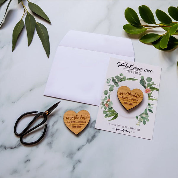 Save The Date Magnet + Cards, Rustic Wedding Wood Heart with Unique Funny Message Option