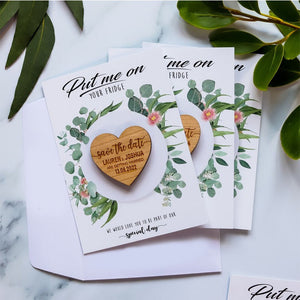 Save The Date Magnet + Cards, Rustic Wedding Wood Heart with Unique Funny Message Option