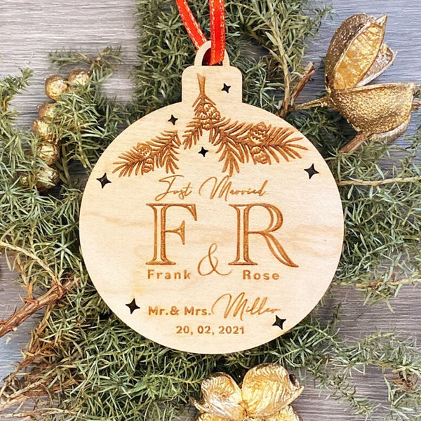 Christmas 2023. Wood Personalised Christmas Ornament ,Wood Newlywed Ornament