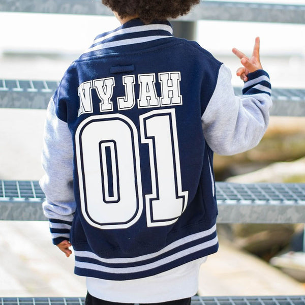 Baseball Style Kids Varsity Jacket, Custom Letterman Name &amp; Number College Football Jacket for Boy or Girl