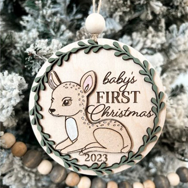 Custom Woodland Deer Baby's First Christmas Ornament Keepsake Laser Cut Digital File