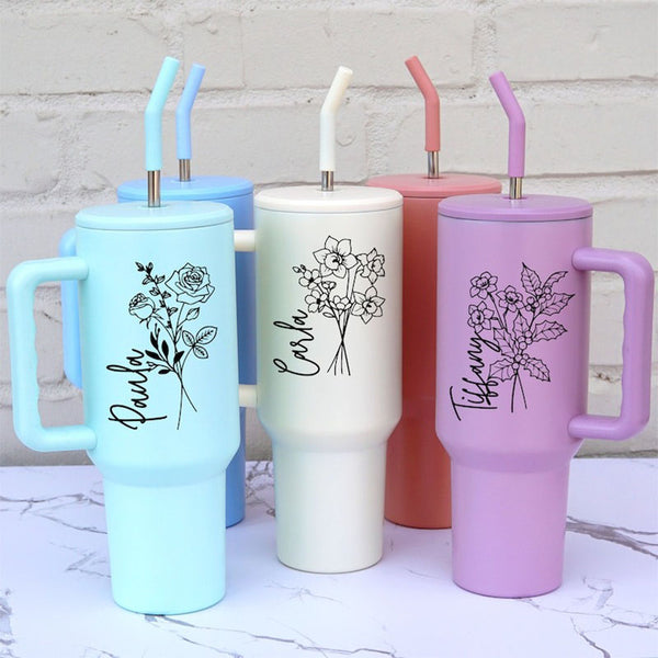 Personalized Birth Flower Custom 40oz Tumbler with Handle & Straw, Personalized Travel Cup