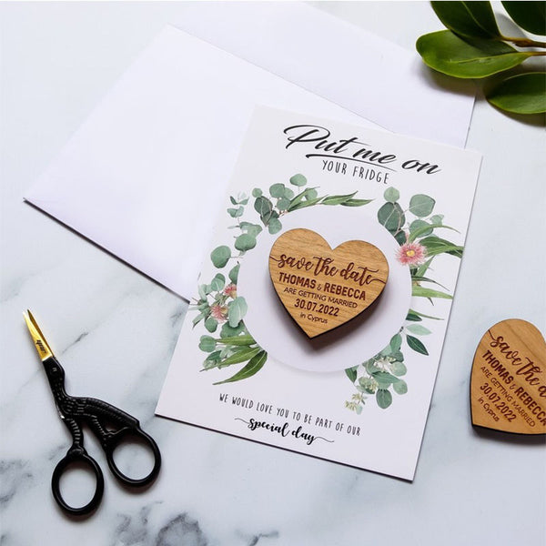 Save The Date Magnet + Cards, Rustic Wedding Wood Heart with Unique Funny Message Option