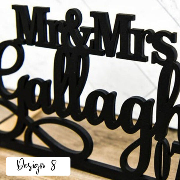 Tabletop Sign Personalized Custom Name Calligraphy Hashtag Laser Cut Mr and Mrs Wedding Table Sign