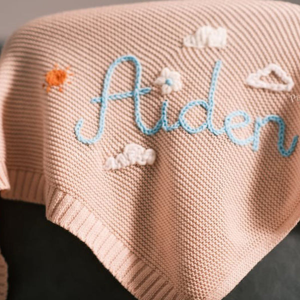 Hand-Embroidered Personalized Knit Baby Blanket-A Custom Name Swaddle Blanket