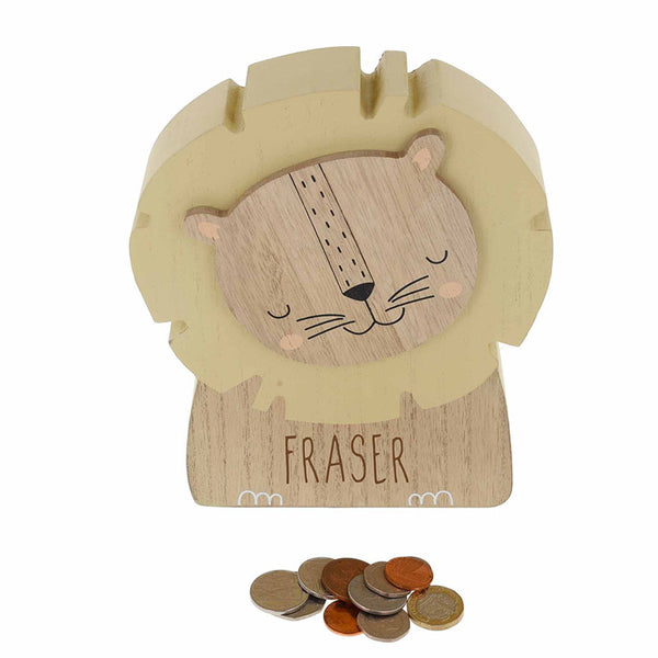 Personalised Engraved Lion Money Box Bank - Kids Savings Pocket Money Piggy Bank - Wooden Animal Money Box Gift for Babies and Children