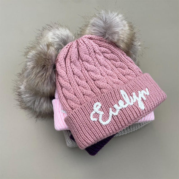 Cute Kids Personalized Name Embroidered Winter Hat with Pom Pom