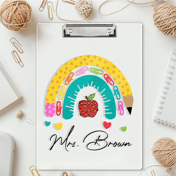 Personalized Back To School Teacher Gifts, Custom Rainbow Clipboard With Teacher Name