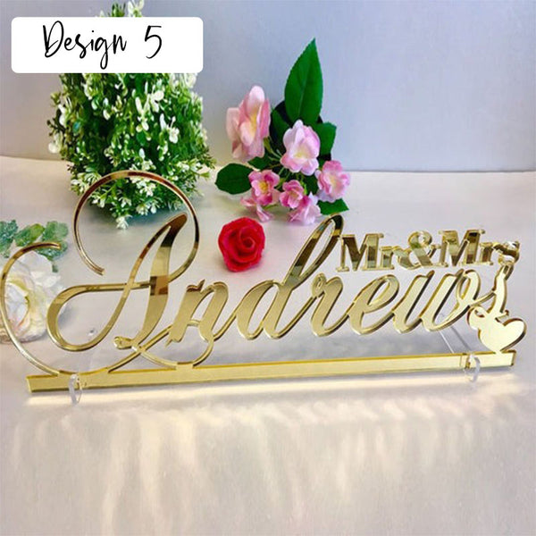 Tabletop Sign Personalized Custom Name Calligraphy Hashtag Laser Cut Mr and Mrs Wedding Table Sign