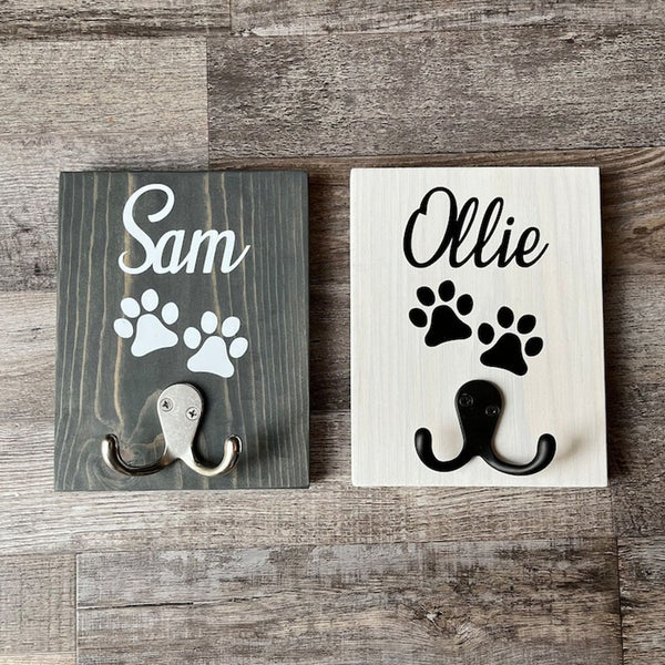 Personalized dog leash holder-custom pet leash-dog sign-wood leash holder