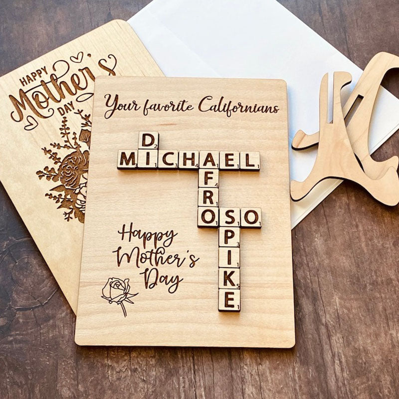 Wooden Mother's Day Card with Name Scrabble Tiles & Stand, Unique Gift for Grandma