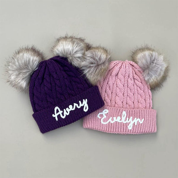 Cute Kids Personalized Name Embroidered Winter Hat with Pom Pom