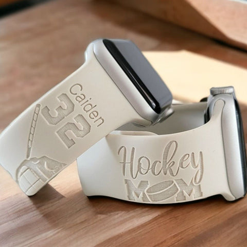 Personalized Watch Band for Apple, Samsung HOCKEY MOM Engraved Silicone Sports Band