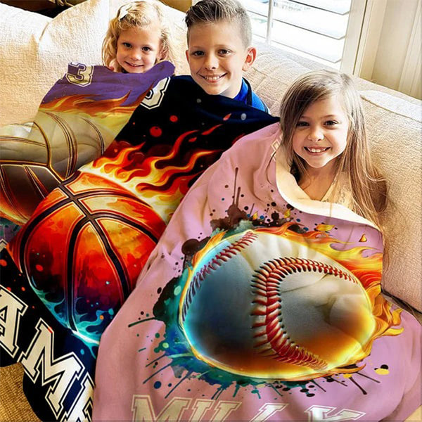 Personalised Ball Sports Blanket with Name and Number Birthday Game Day Gift