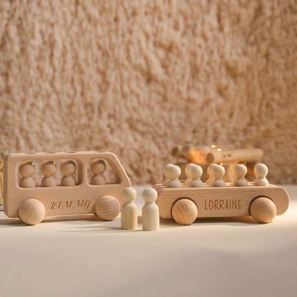 Custom Wooden Toy Bus, Beech Wood Bus With Peg Dolls