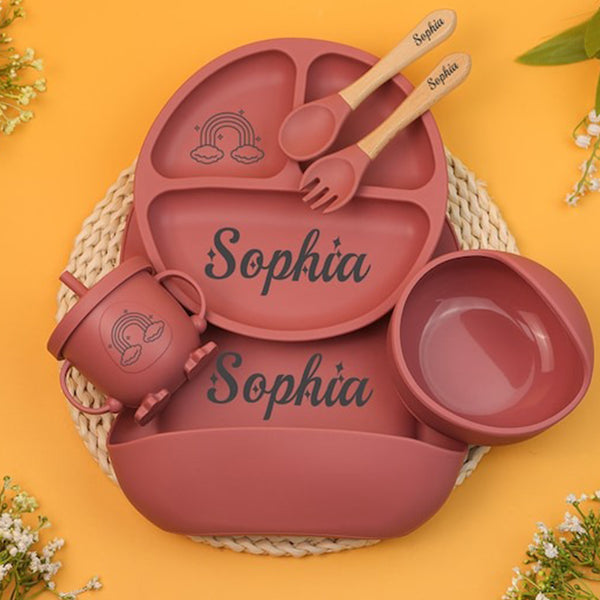 Personalized Silicone Baby Weaning Set, Engraved Silicone Bib