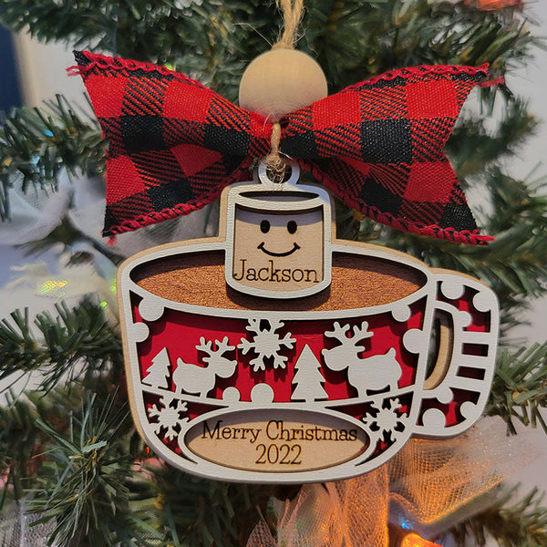 Personalized Tree Ornament, Family Names or 1st Married Christmas. Marshmallows in mug of Cocoa