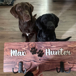 Personalized Dog Wood Leash Holder for 2/ 3 Dogs Raised Paw Name Sign Leash Hook Collar Holder