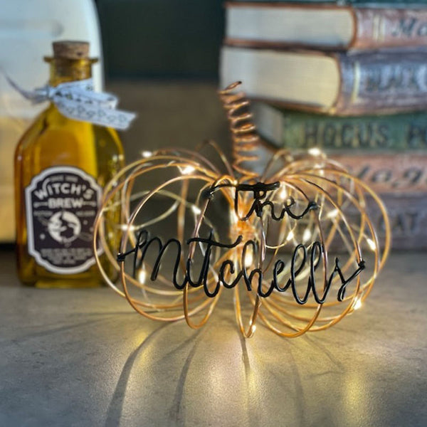 Personalised wire Pumpkin with lights, Halloween Decorations, pumpkin decor, autumn wedding accessories, fall decor, last name sign