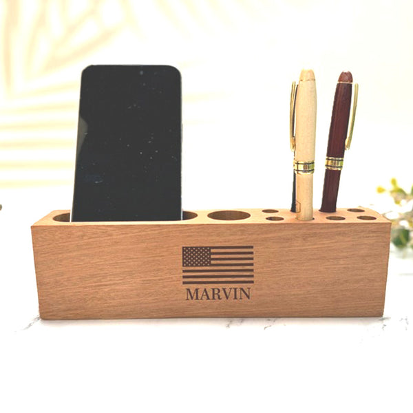 Personalized Wooden Desk Organizer and Name Tag Pen Holder, Desk Pen Holder with Phone Holder