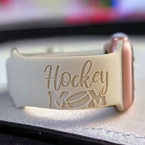 Personalized Watch Band for Apple, Samsung HOCKEY MOM Engraved Silicone Sports Band