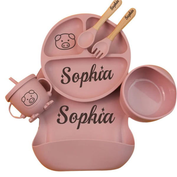 Personalized Silicone Baby Weaning Set, Engraved Silicone Bib