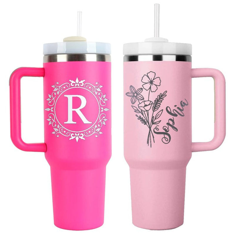 40oz Personalized Birth Flower Tumbler With Handle Lid & Straw, Bridesmaid Gifts