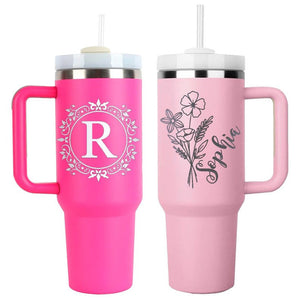 40oz Personalized Birth Flower Tumbler With Handle Lid & Straw, Bridesmaid Gifts