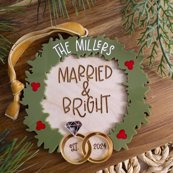 Newlywed First Christmas Ornament, Married and Bright Ornament