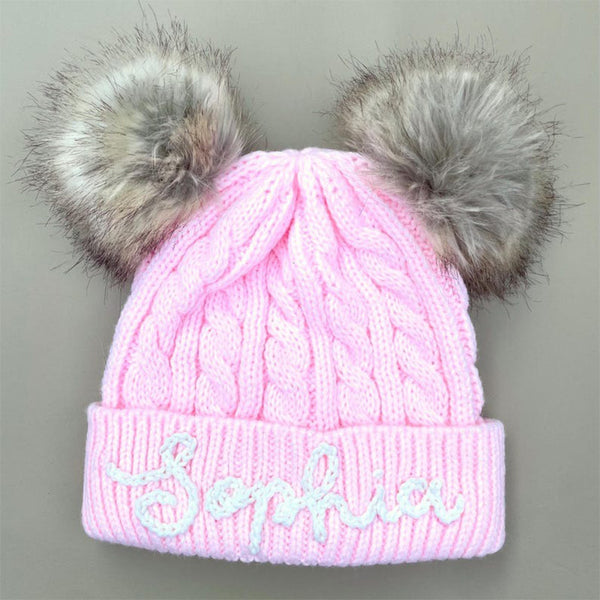 Cute Kids Personalized Name Embroidered Winter Hat with Pom Pom