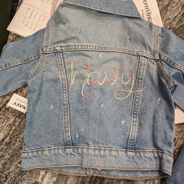 Custom Hand Embroidered ， Hand Lettered Denim Jacket Toddler, Kid Sizes