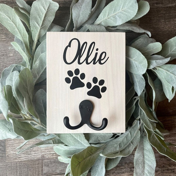 Personalized dog leash holder-custom pet leash-dog sign-wood leash holder