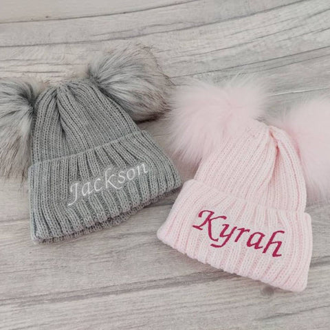 Personalised Infant Winter Hat Custom Embroidered Baby Pom Beanie