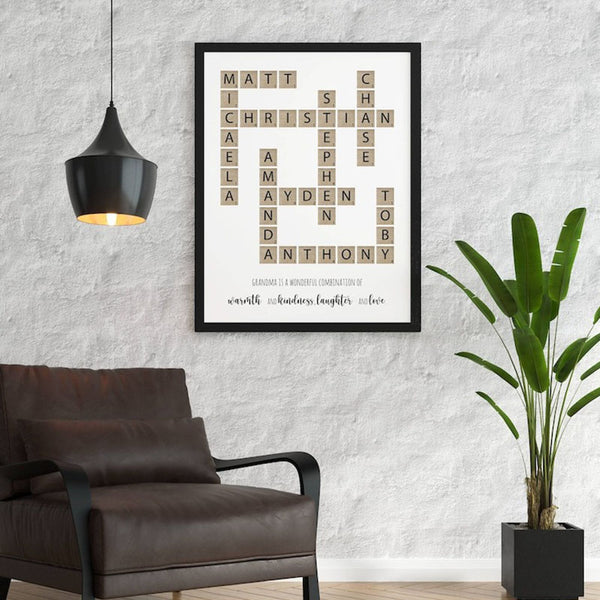 Family Name Sign Unique holiday Gift for Mom, Grandma Mothers Day Gift, Crossword Scrabble Print