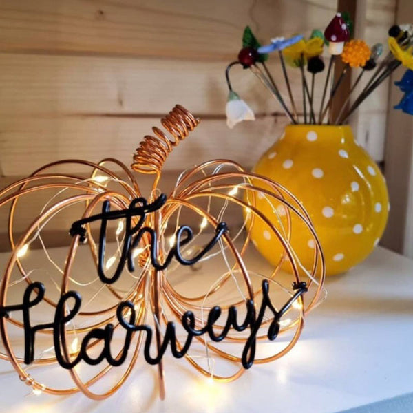 Personalised wire Pumpkin with lights, Halloween Decorations, pumpkin decor, autumn wedding accessories, fall decor, last name sign