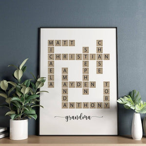 Family Name Sign Unique holiday Gift for Mom, Grandma Mothers Day Gift, Crossword Scrabble Print